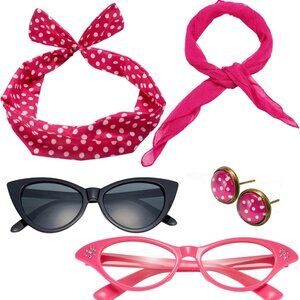 50's Costume Accessories Set Chiffon Scarf Cat Eye Glasses Bandana Tie Headband